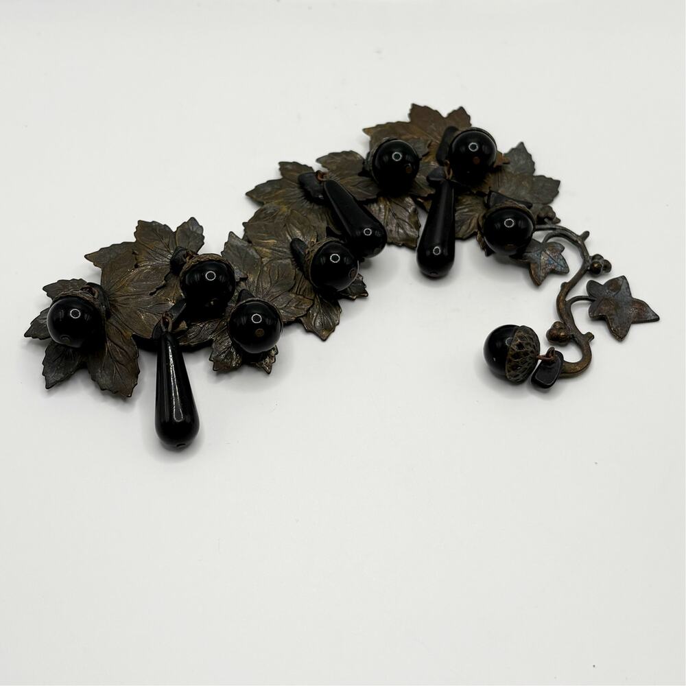 Unique Vintage Articulated Bronze Metal Black Acorn Fashion Statement Brooch